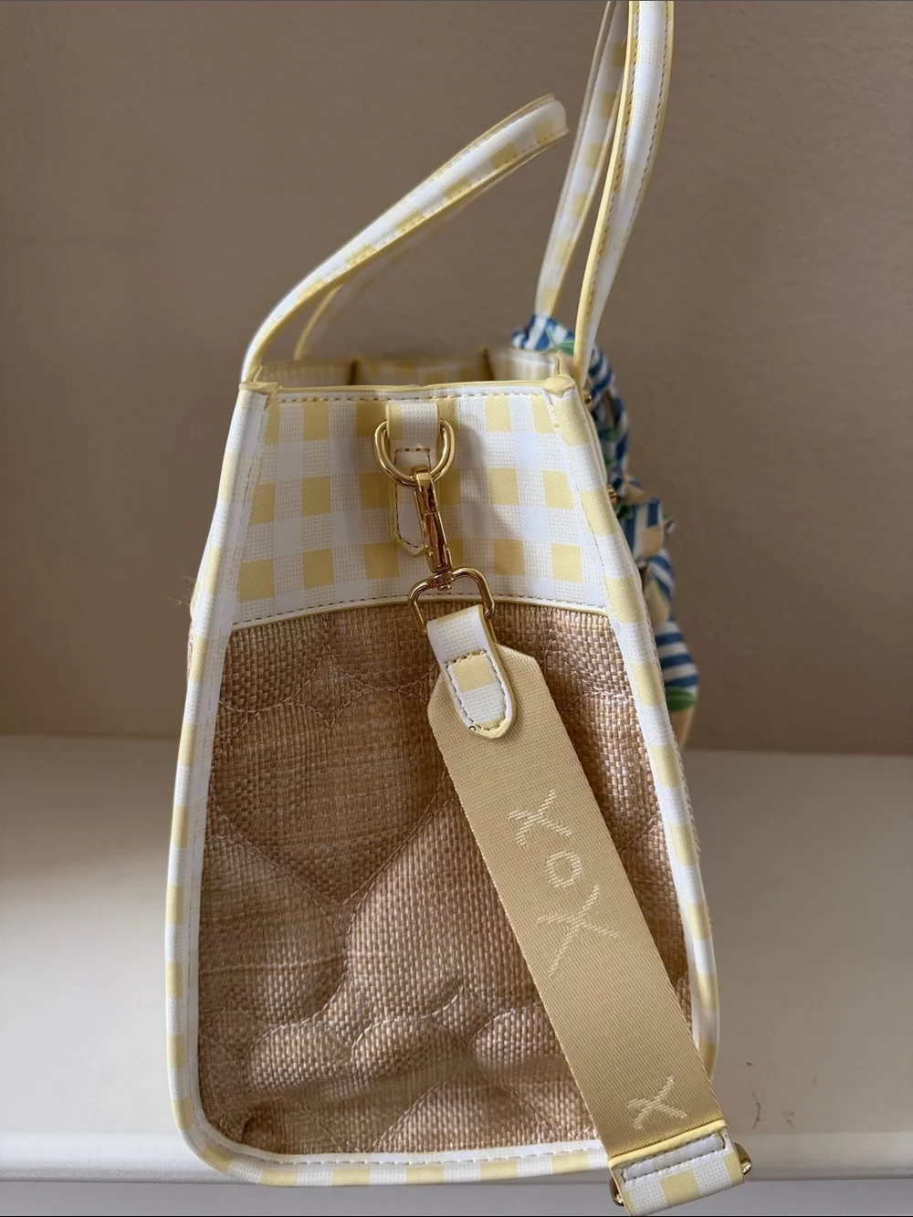 Betsy Johnson Yellow Check & Straw Tote Bag with Blue Lemon Scarf